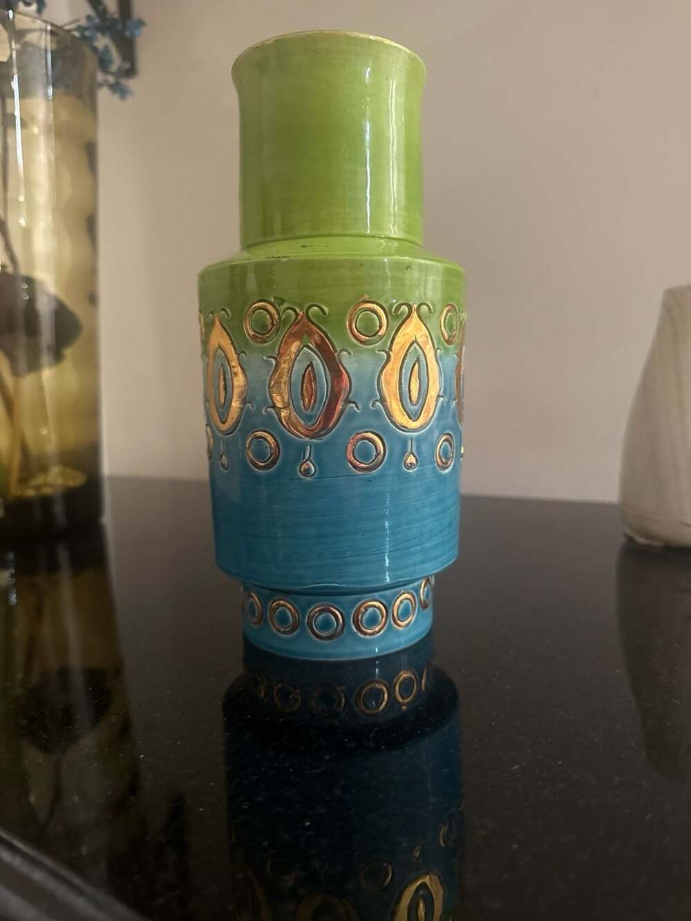 Vintage Aldo Londi for Bitossi Soraya Vase Green Blue Gold 8" Italian Pottery